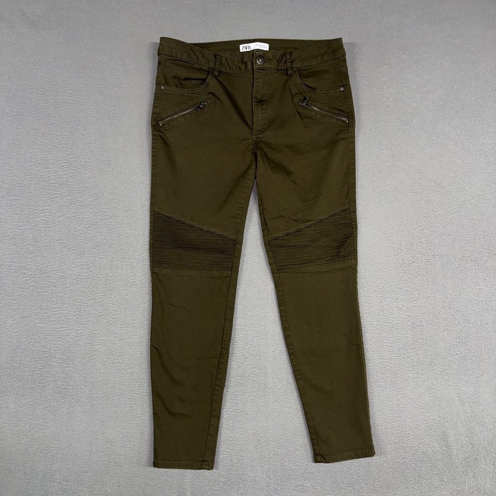 Zara Pants Womens 10 Olive Green Moto Biker Ribbed Knee Stretch Skinny Trousers
